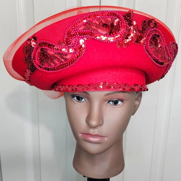 Mr Hi's Vintage Red Church Hat Wool Derby Beads Sequin Tulle Bow Formal USA - Picture 2 of 10